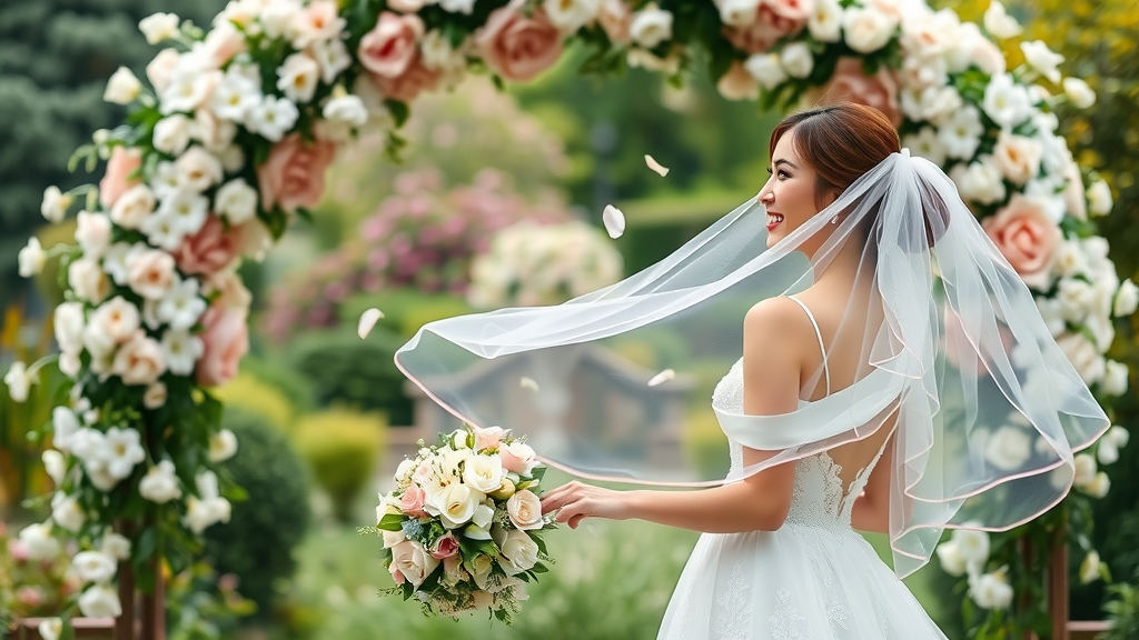 elegant bridal couple admiring stunning floral arch at outdoor wedding, perfect picking a florist