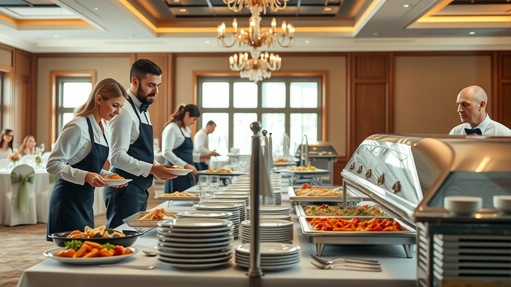 full service wedding caterer professional team setting table casual buffet line catering service style
