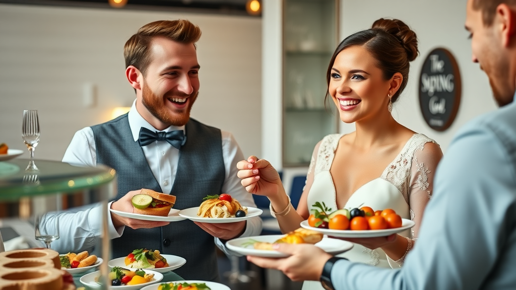 hire a wedding caterer menu tasting delighted couple caterer presenting gourmet plates food tasting wedding catering