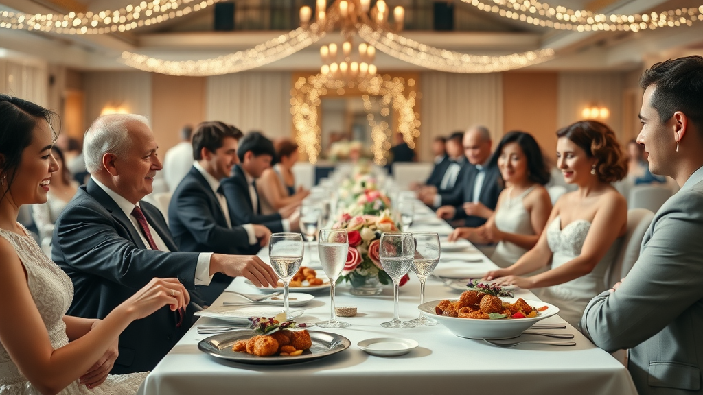 hire a wedding caterer elegant wedding reception table cheerful guests caterers serving gourmet dishes decorated banquet hall
