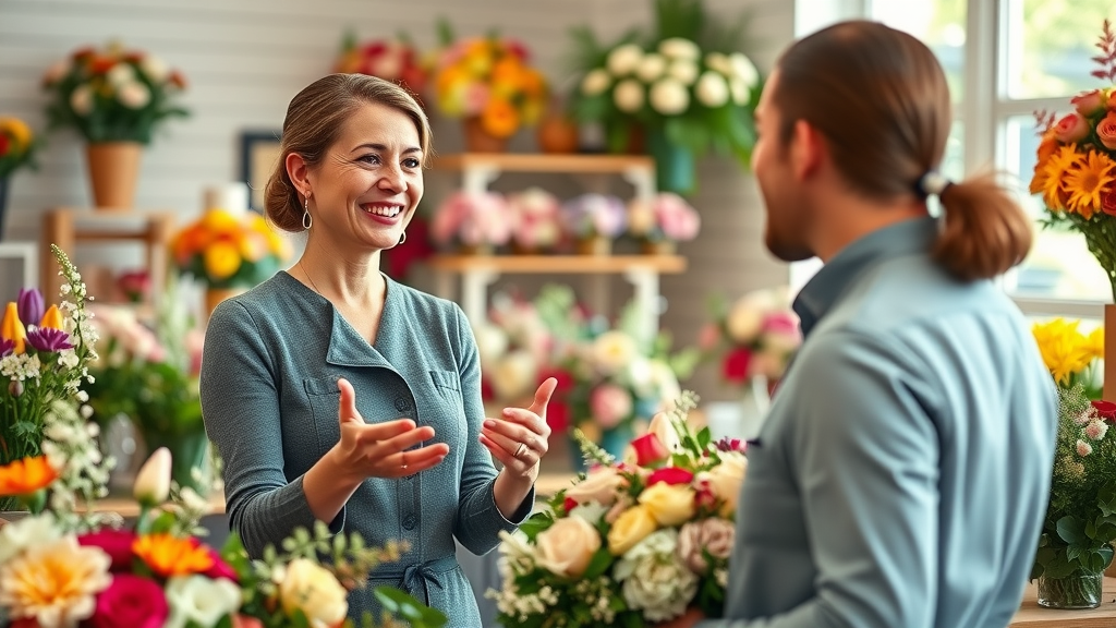 flower shop owner talking with couple about wedding florist options