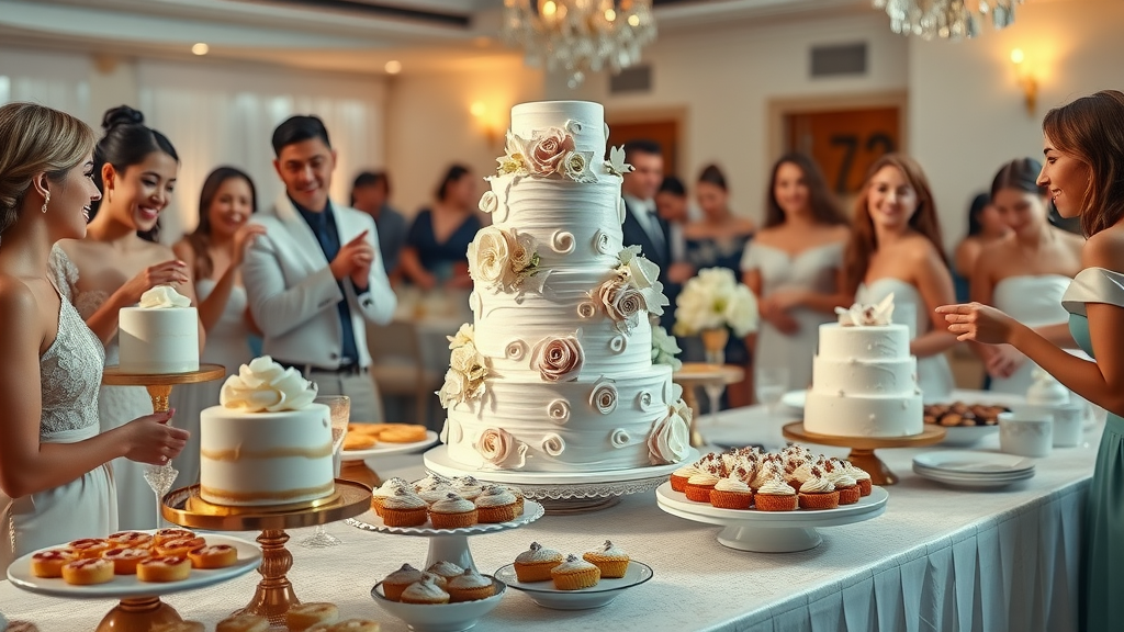 wedding cake wedding caterer exquisite dessert table guests admiring sweets wedding catering
