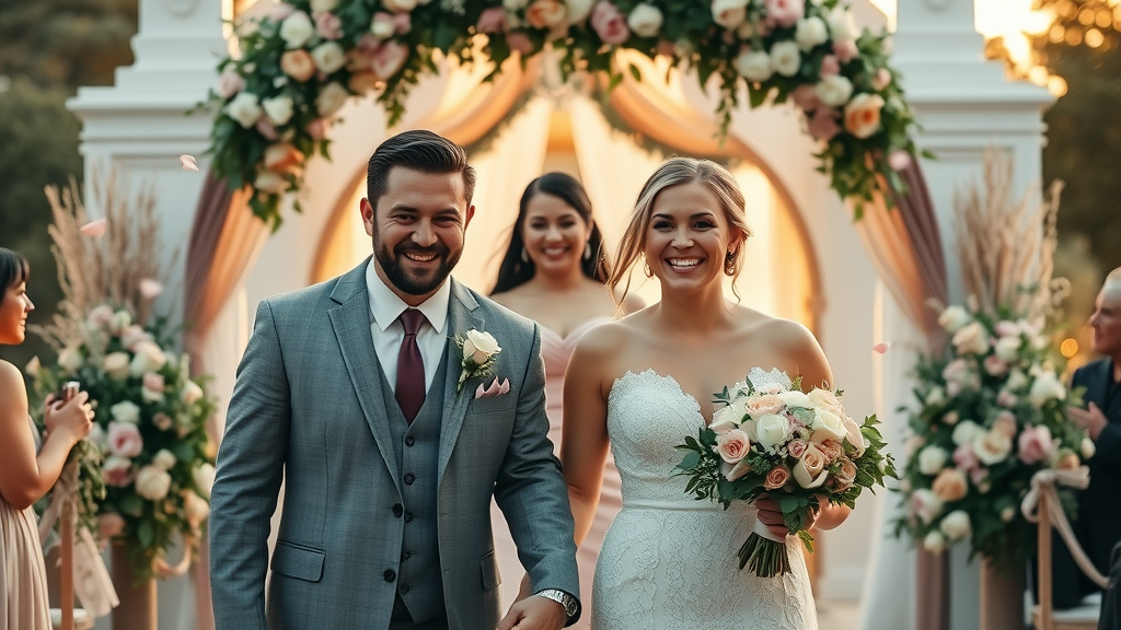 happy newlyweds with smiling florist, wedding flowers picking a florist