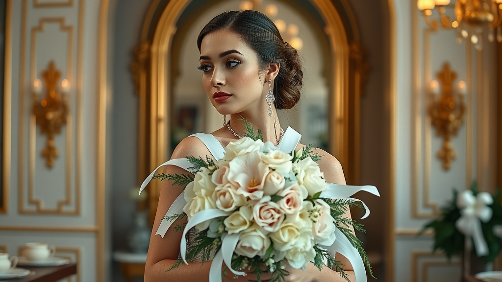 sophisticated bride with cascading bridal bouquet, bridal bouquet picking a florist